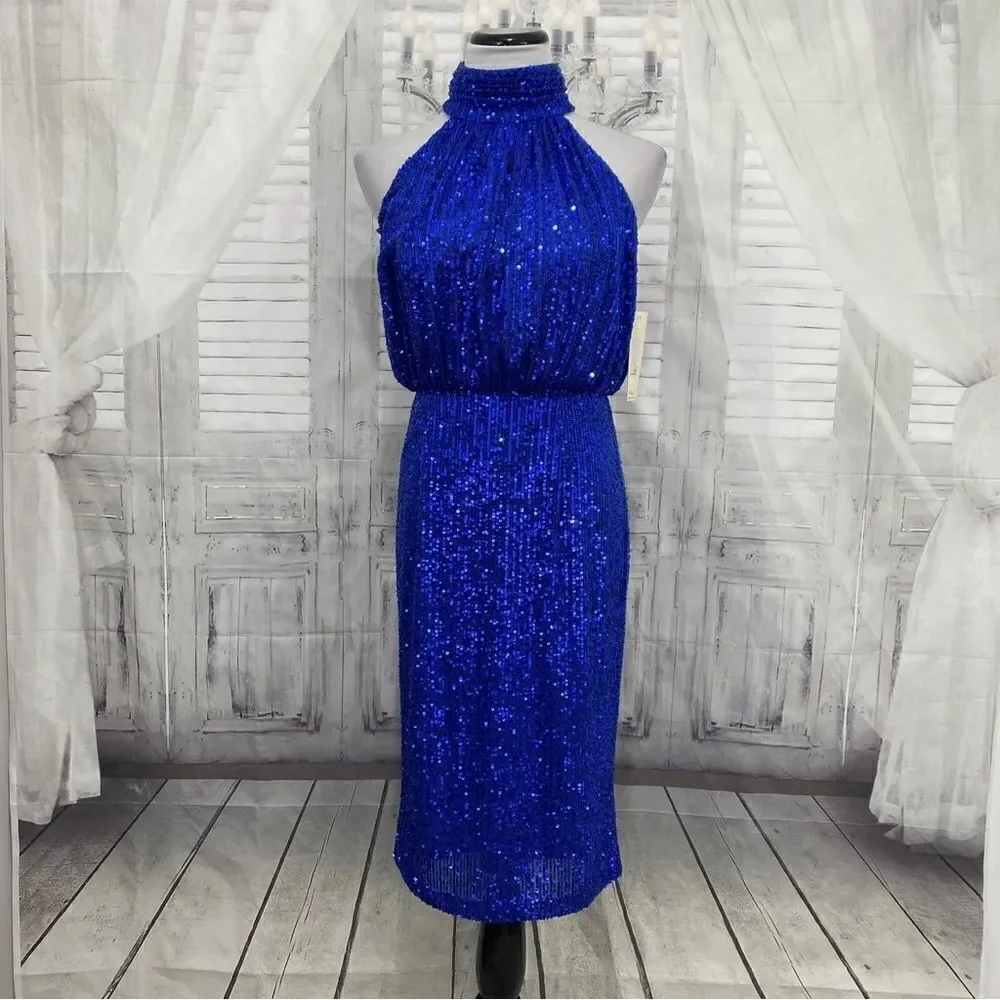 Eliza J Size 8 Blue Halter High Neck Sleeveless Sequin Blouson Dress Cocktail
